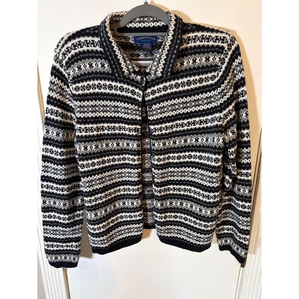 Charter Club Petite Fair Isle Cardigan Sweater Black White Grey Cotton Blend P/M